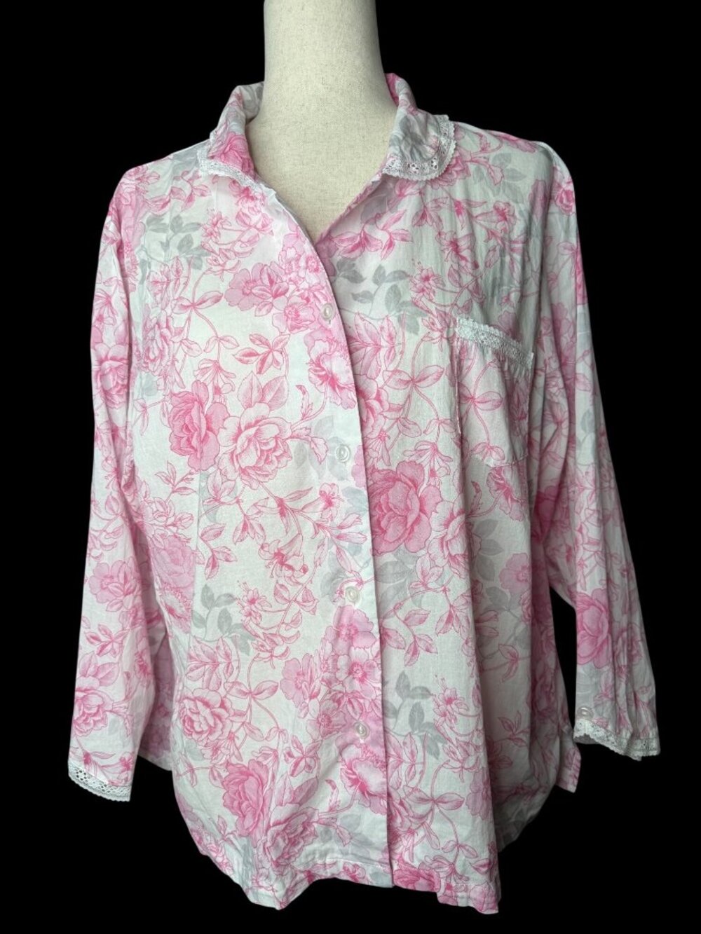 Miss Elaine Floral Button-Up Long Sleeve Cotton Pajama Top lace XL Cottagecore